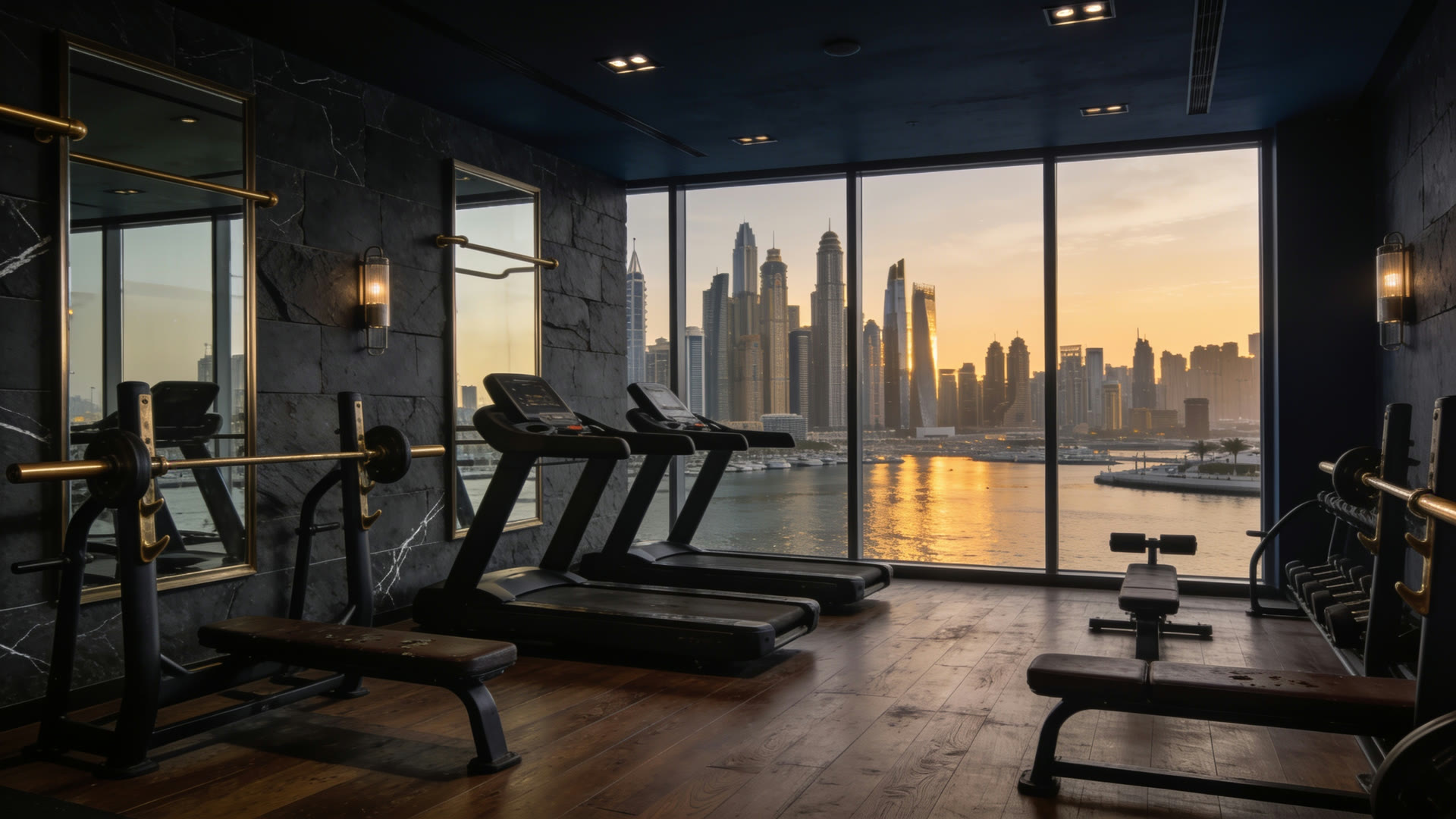 Private gym with marina glazing and dark equipment