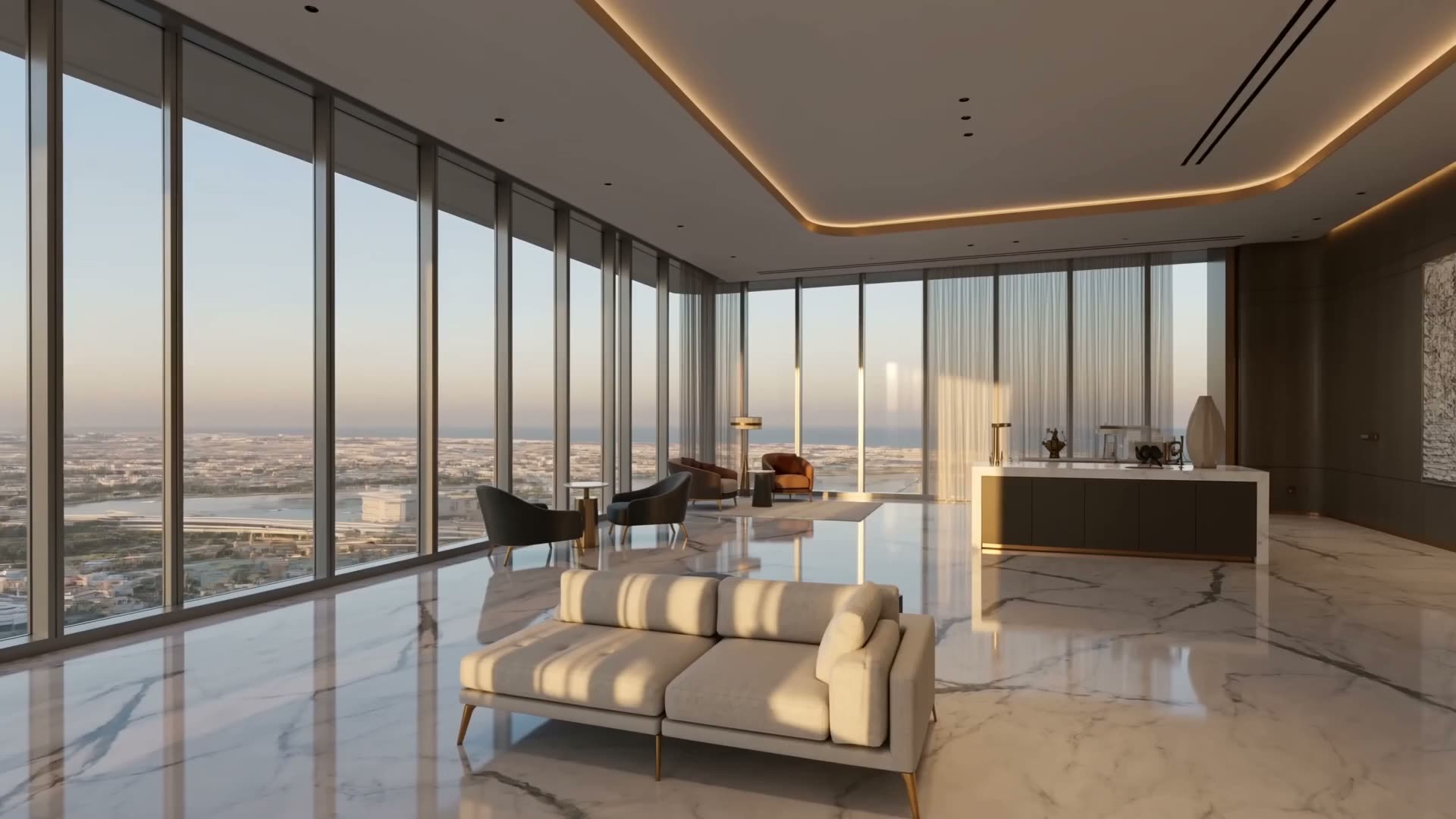 Double-height penthouse living room overlooking Dubai Marina