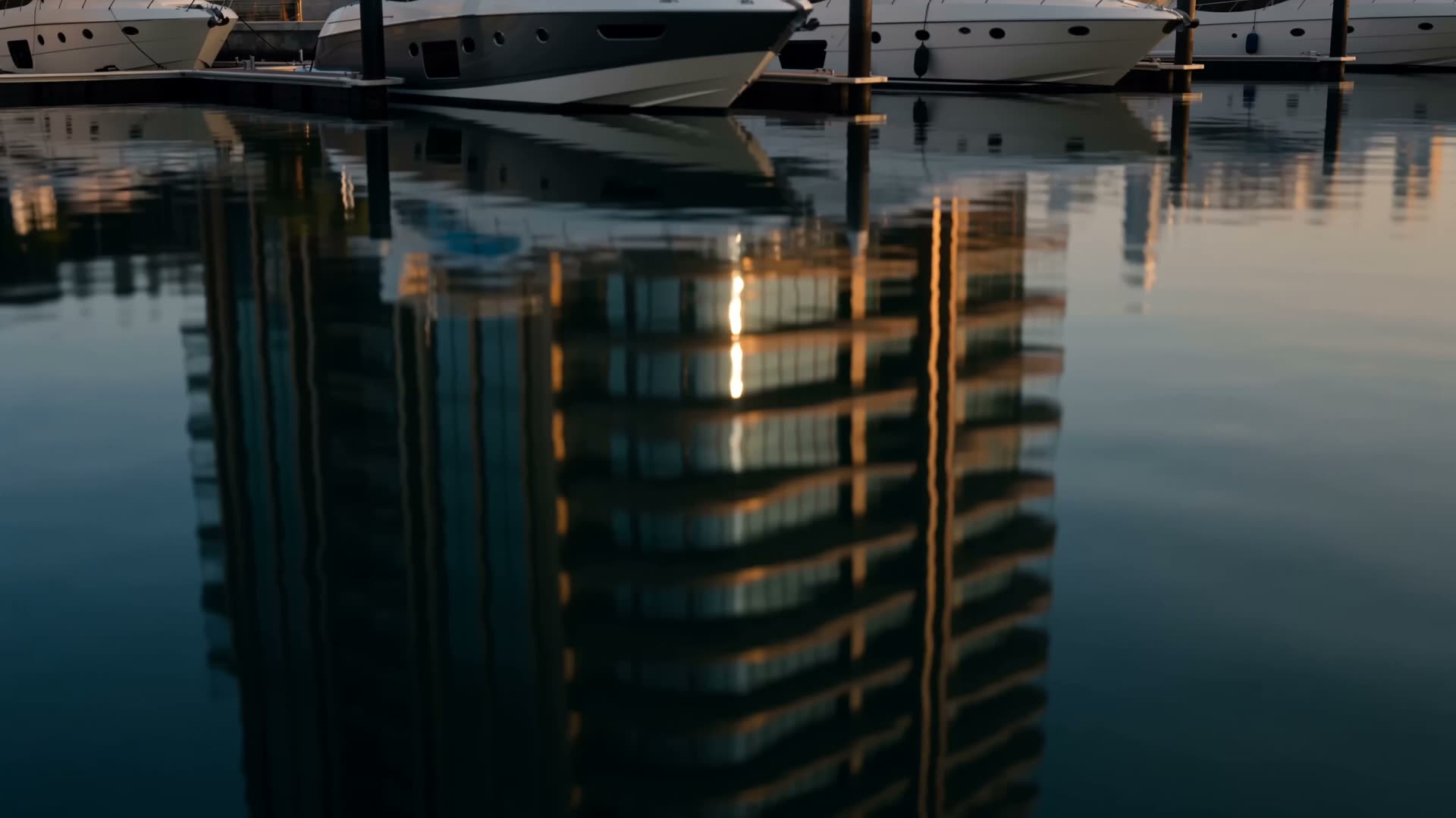 Superyacht berthed beneath the Mareva tower at golden hour
