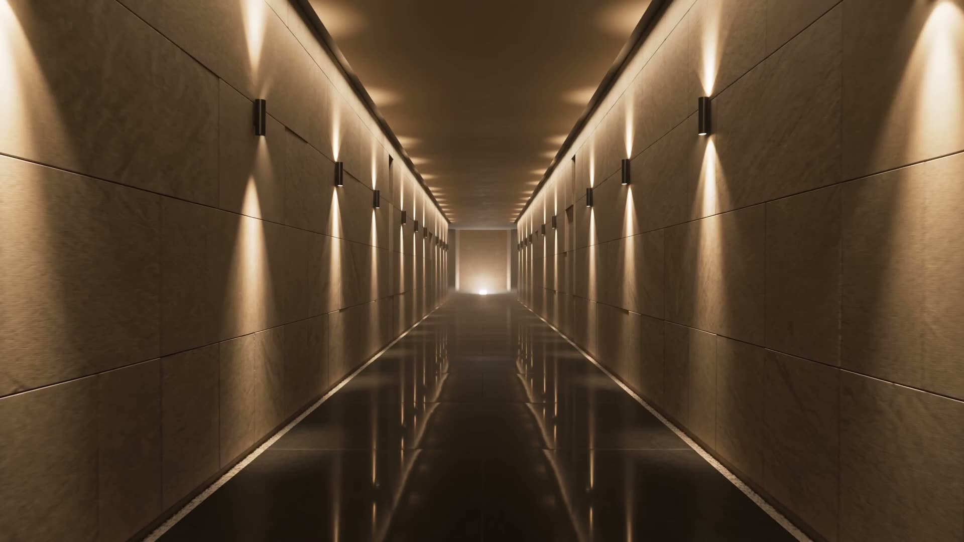 Luxury spa corridor with limestone walls and a glowing plunge pool