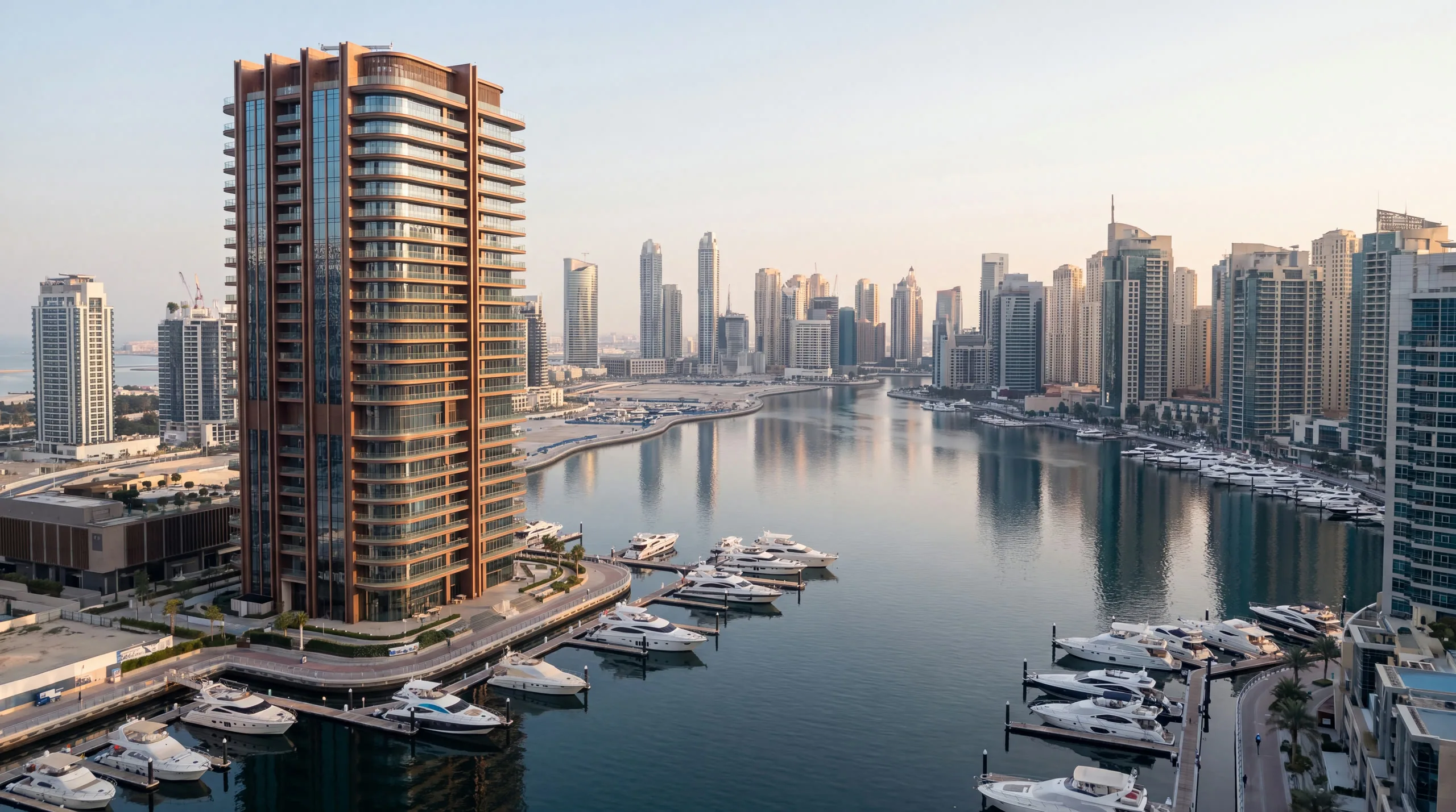 Aerial view of Dubai Marina at golden dusk, the Mareva tower on the waterfront