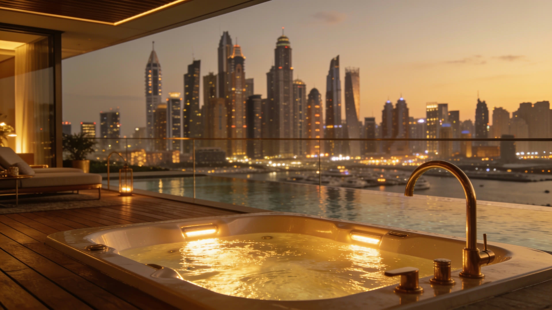 Glowing terrace jacuzzi at dusk with the skyline beyond