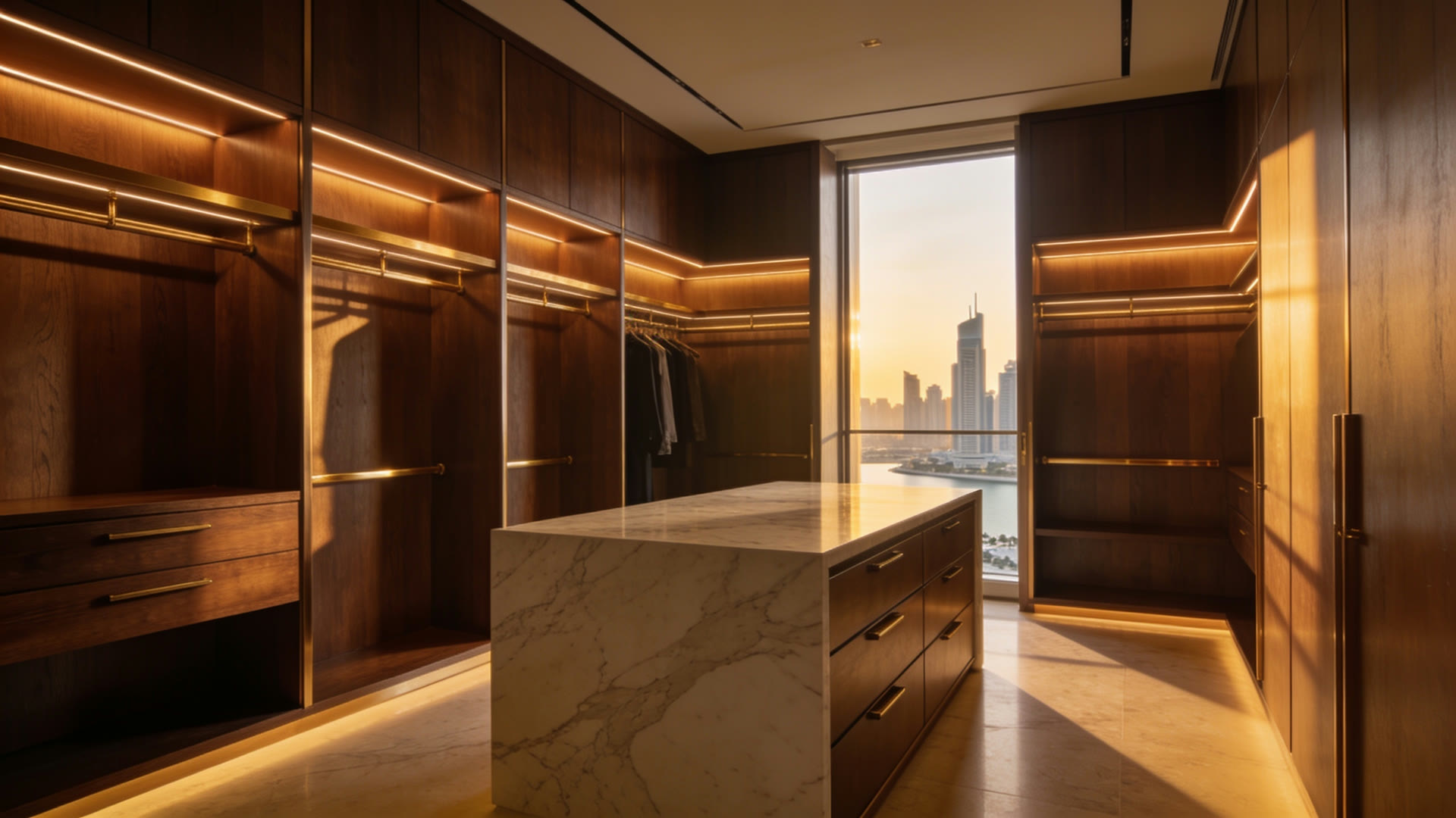 Backlit smoked-oak wardrobes with brass rails
